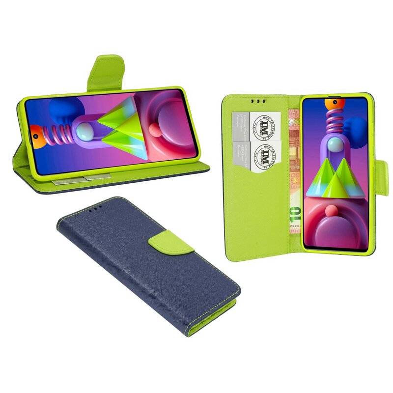 Buch Tasche "Fancy" für SAMSUNG GALAXY M51 (M515F) Handy Hülle Schutzhülle mit Standfunktion, Kartenfach Blau-Grün