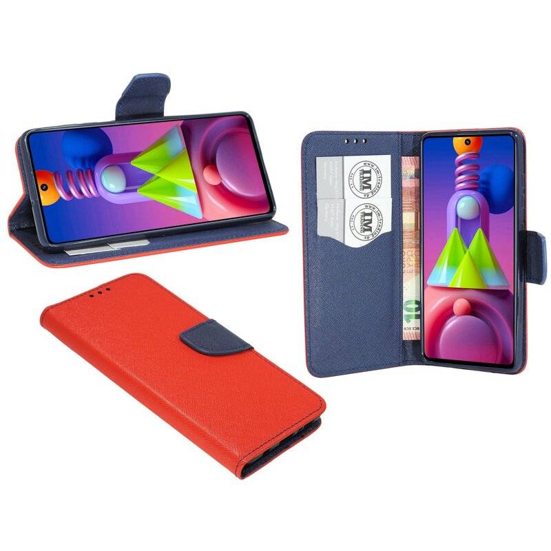 Buch Tasche "Fancy" für SAMSUNG GALAXY M51 (M515F) Handy Hülle Schutzhülle mit Standfunktion, Kartenfach Rot-Blau