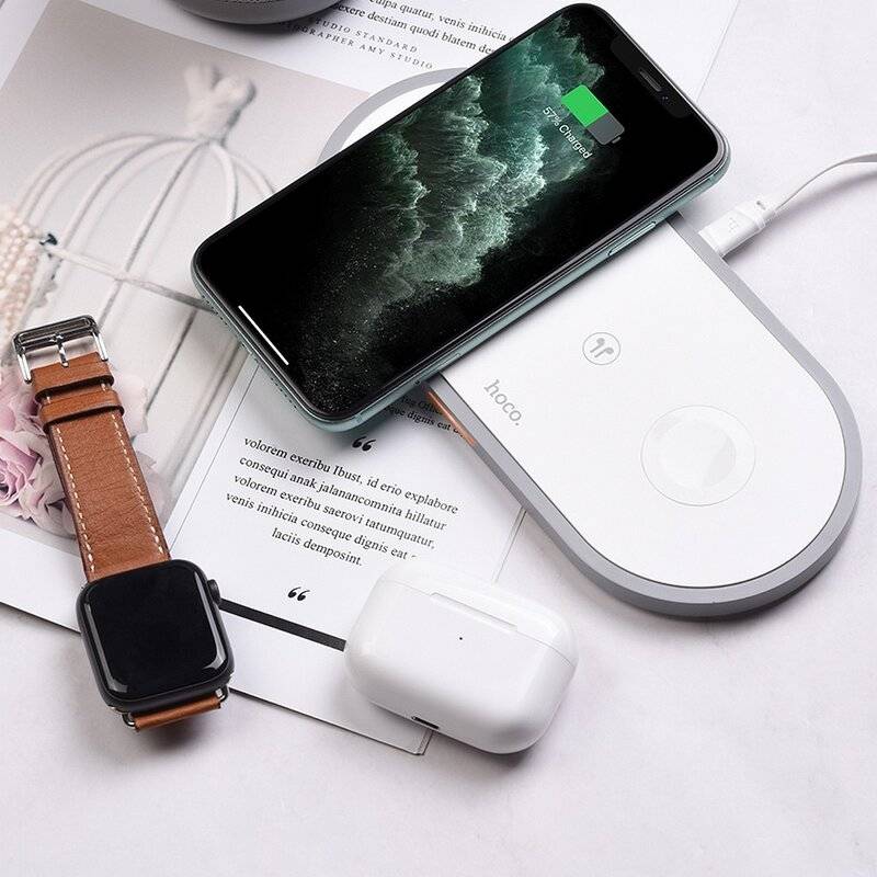 Hoco 3in1 10W 2A Wireless Charger Flach kompatibel mit Airpods + Apple Watch + Smartphone Drahtloses Ladegerät weiß