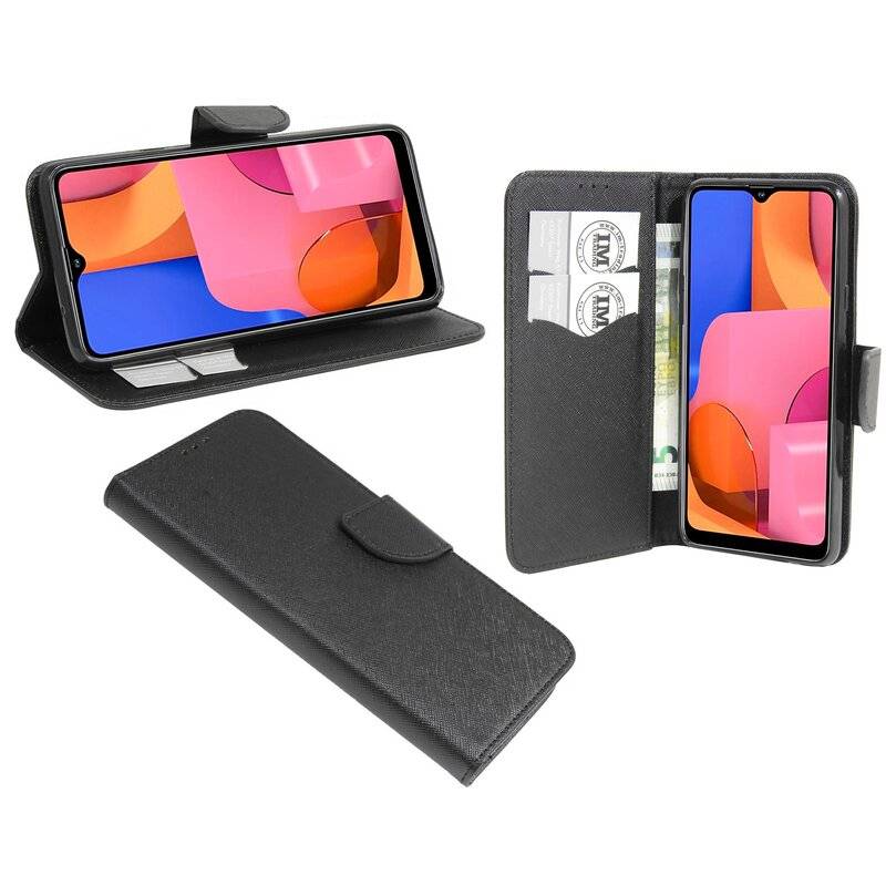 Buchtasche "Fancy" für SAMSUNG GALAXY A20S (A207F) Handy Hülle Schutzhülle mit Standfunktion, Kartenfach Schwarz