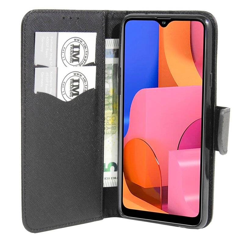 Buchtasche "Fancy" für SAMSUNG GALAXY A20S (A207F) Handy Hülle Schutzhülle mit Standfunktion, Kartenfach Schwarz