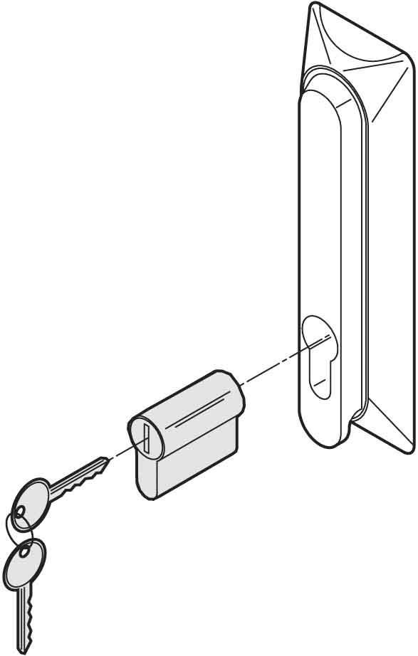 Eine Illustration, die einen Schlüssel neben einem Schließzylinder zeigt, der teilweise aus einer Tür herausgenommen wird.