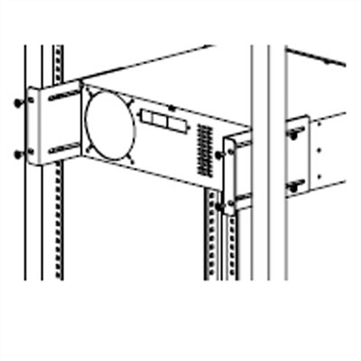 Diagramm einer wandmontierten Metallhalterung, die sich über zwei Ständer erstreckt, mit Bolzen und Verstellnuten, die eine kreisförmige Komponente und ein rechteckiges Lüftungsgitter oder Paneel unterstützen.