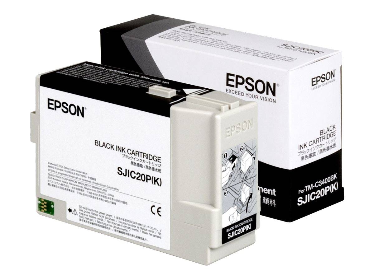 Epson Schwarztinttenpatrone mit ihrer Verpackungsbox dargestellt, beschriftet mit 'BLACK INK CARTRIDGE' und 'Epson' Branding.