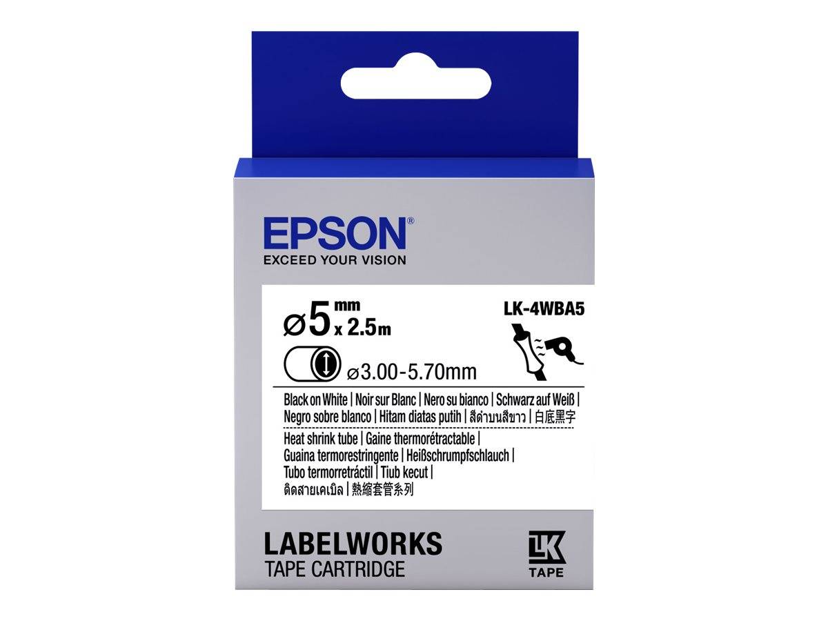Epson LabelWorks Etikettenbandkassette für 5 mm schwarz-auf-weiß Schrumpfschlauch, 2,5 m lang, Modell LK-4WBA5.