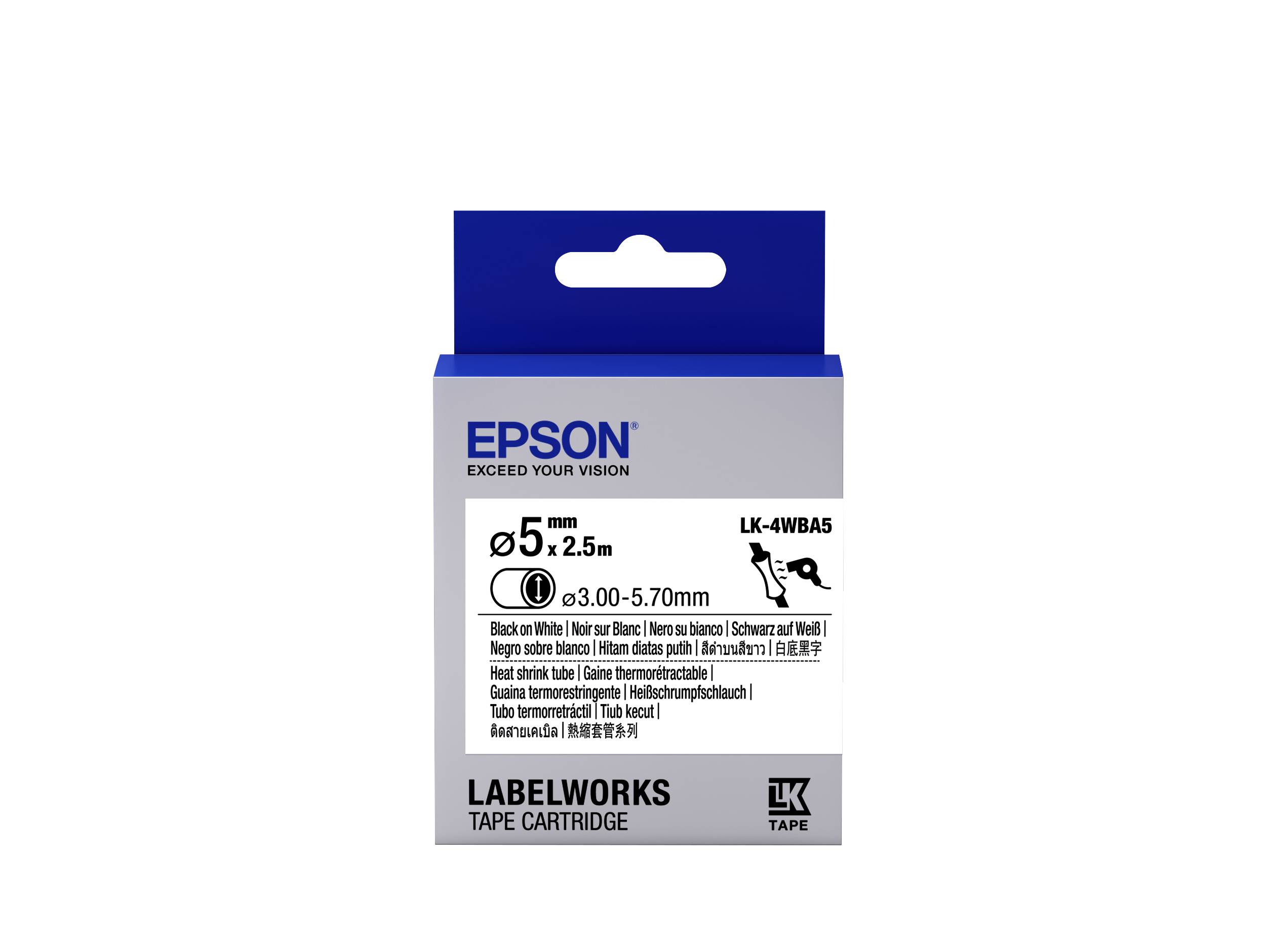 Karton Epson LabelWorks Klebeband-Kassette, Modell LK-4WBA5, mit Produktdetails und mehrsprachigen Etiketteninformationen auf der Vorderseite.