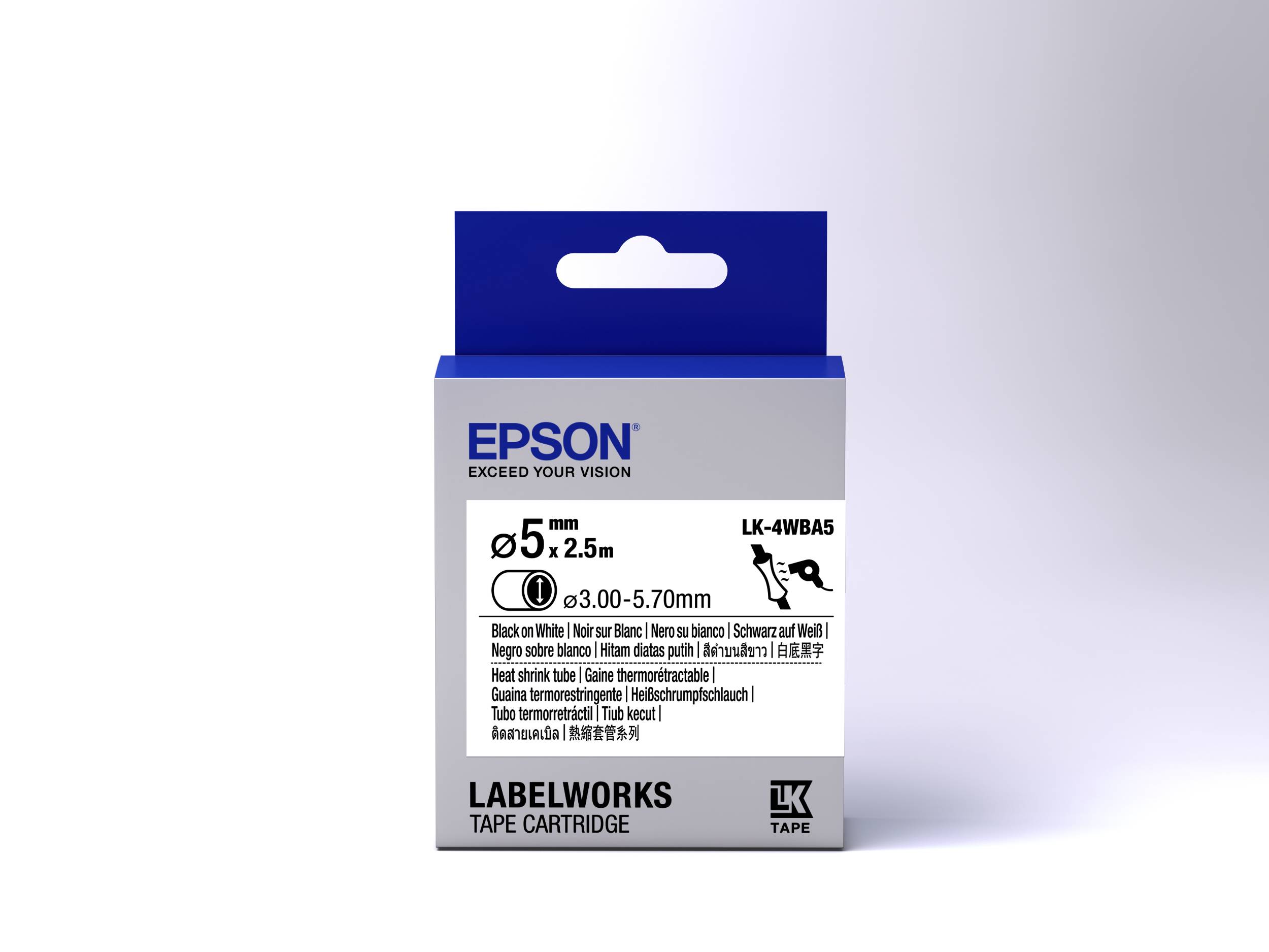 Epson LabelWorks Klebebandkartusche, weiße Schachtel mit blauem Deckel, beschriftet mit „ø5 mm 2,5m