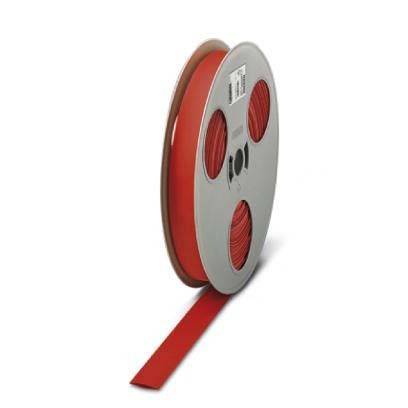 Eine Rolle rotes Band mit einer flachen Kante, gewickelt um einen Pappkern mit kreisförmigen Seiten.