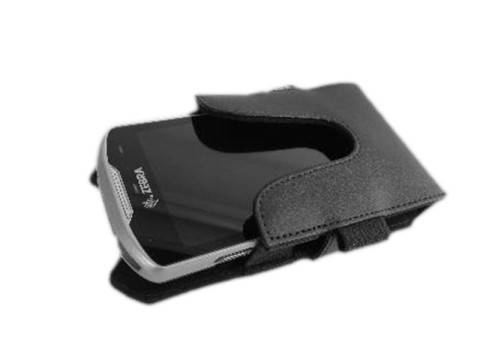 Schwarze Armmanschetten-Telefonhalterung mit verstellbarem Riemen, auf weißem Hintergrund dargestellt.