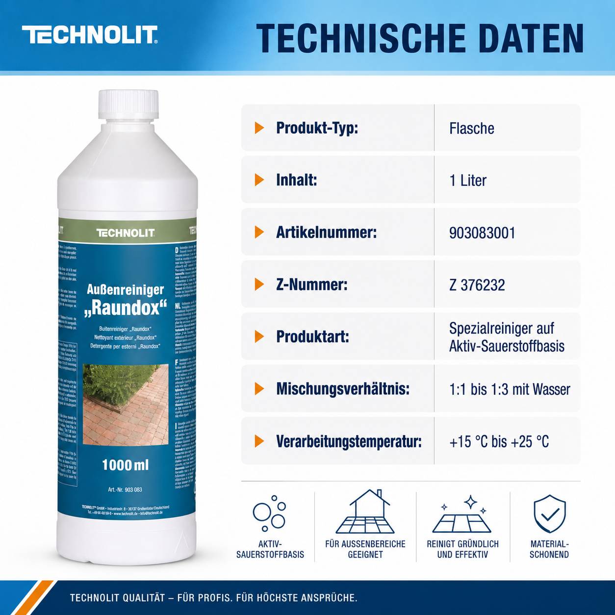 Technolit 'Raundox' Reinigerflasche mit technischen Daten: 1 Liter, Produkttyp Flasche, Aktivsauerstoff-Spezialreiniger, 1:1 bis 1:3 mit Wasser mischen, +15°C bis +25°C.