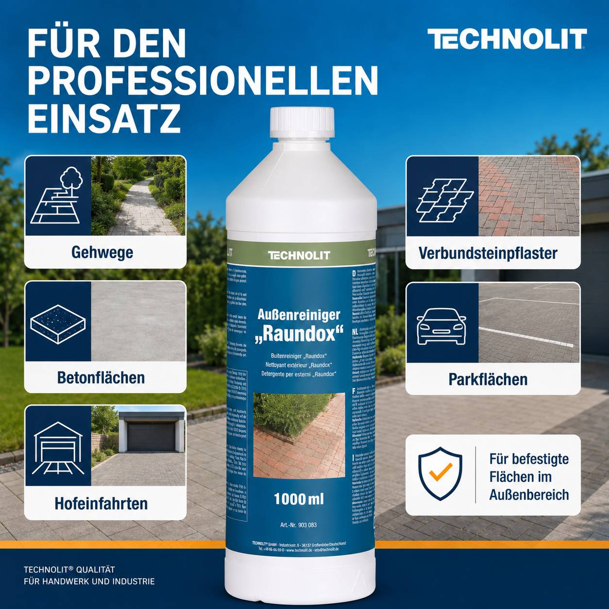 Technolit Außenreiniger 'Raundox' 1000 ml Flasche, beworben für den professionellen Einsatz auf Gehwegen, Beton, Pflastersteinen, Parkplätzen und Einfahrten.