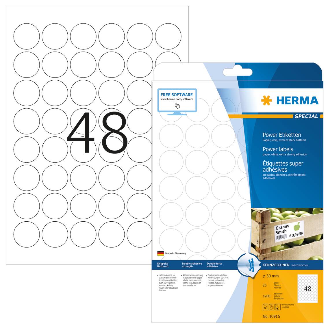 HERMA Etiketten A4 Ø 30 mm rund weiß extrem stark haftend Papier matt 1200 St., Weiß, Kreis, Dauerhaft, Papier, Matte, Laser/Inkjet