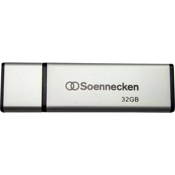 Ein silberner Soennecken 32GB USB-Stick auf weißem Hintergrund.