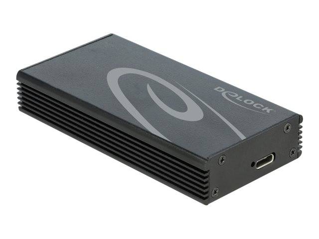 Schwarzes Delock externes Laufwerk-Gehäuse mit gerippten Seiten und USB-C-Anschluss, auf weißem Hintergrund dargestellt.