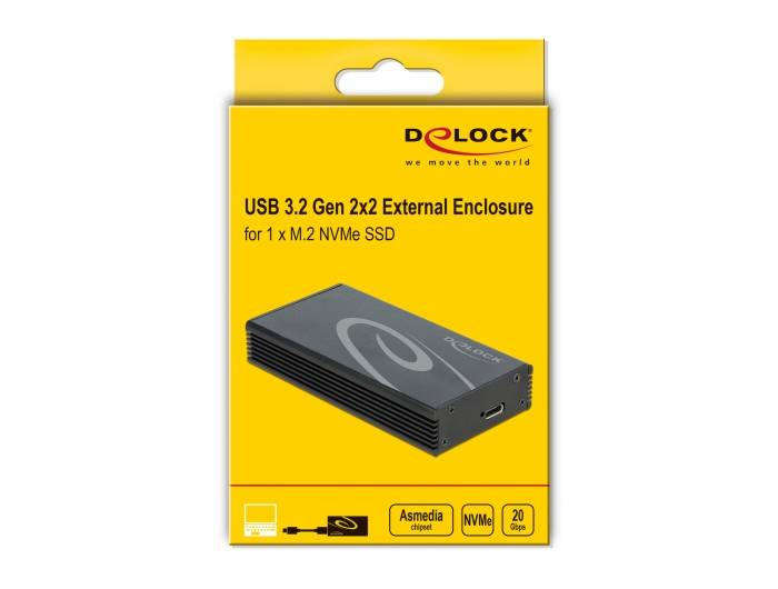 Delock USB 3.2 Gen 2x2 externes Gehäuse für 1 x M.2 NVMe SSD, gezeigt auf gelber Einzelhandelverpackung mit Produktbild und 20-Gbps-Beschriftung.