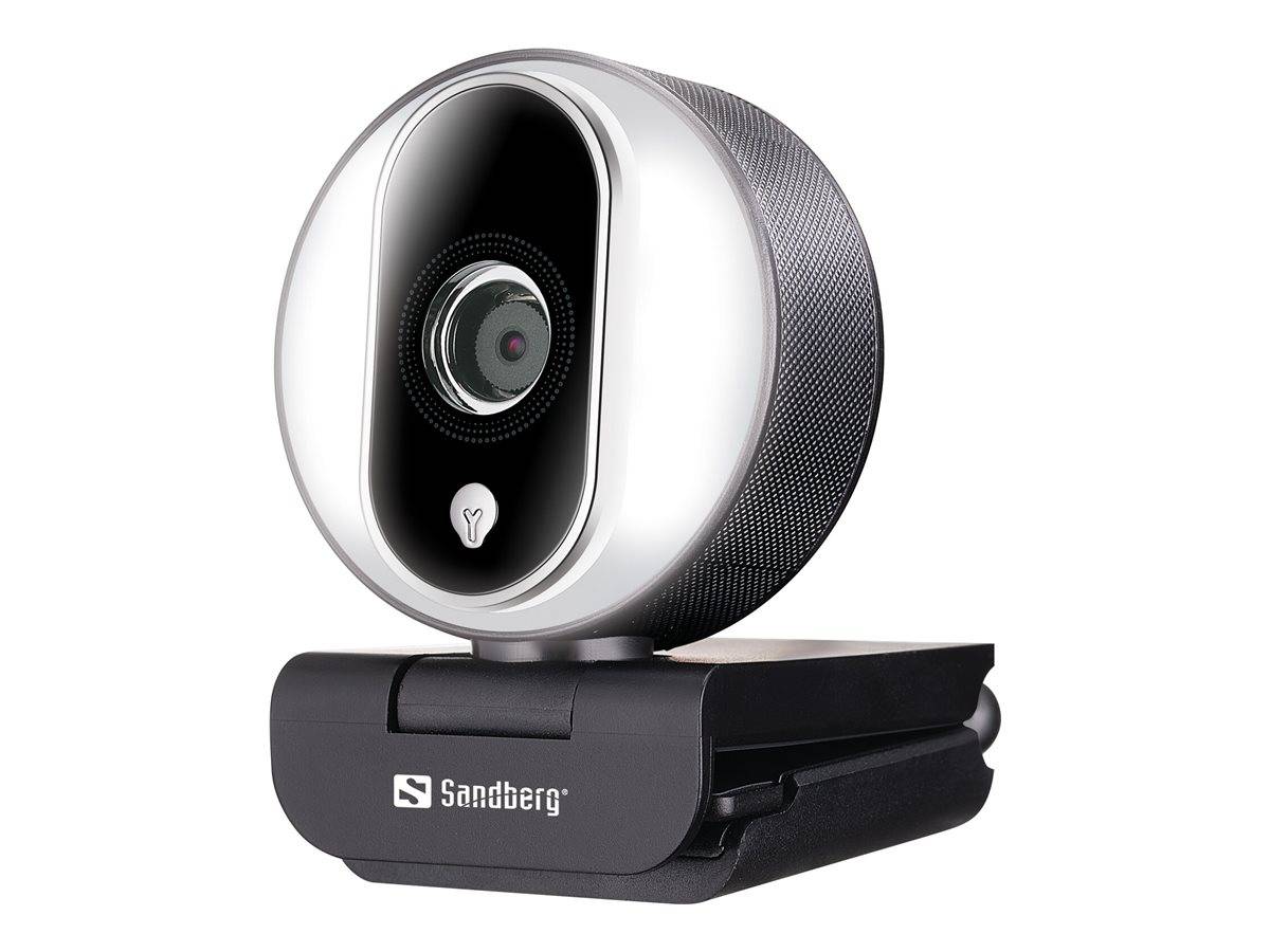 Sandberg-Webcam mit integriertem Objektiv und Clip-Halterung, Vorderansicht auf weißem Hintergrund.