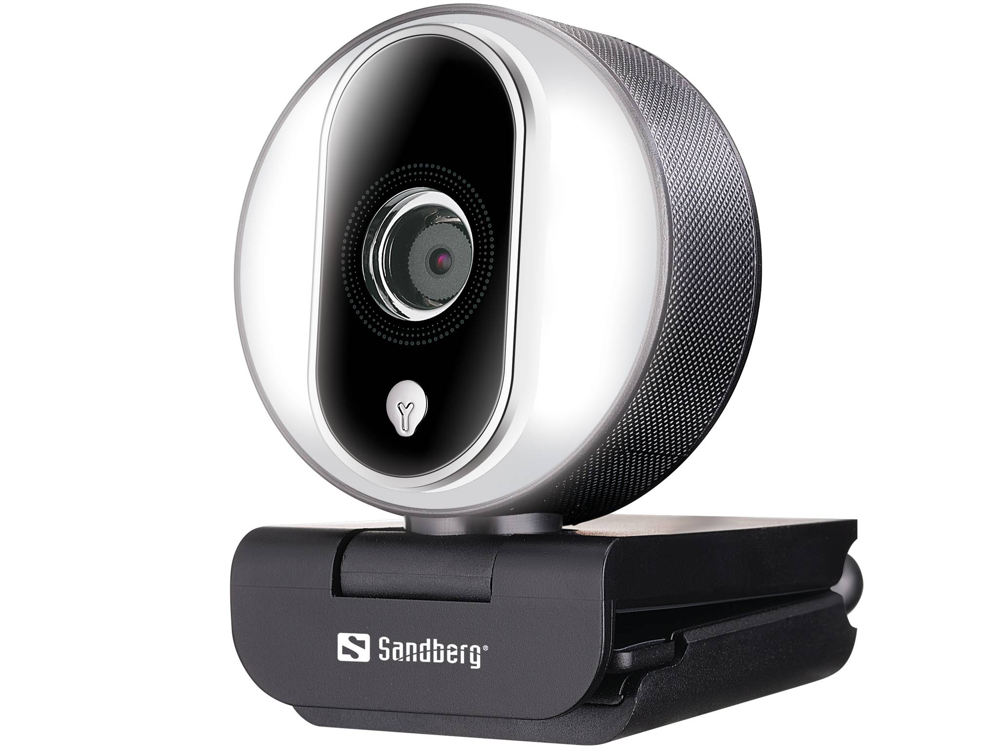 Kompakte Sandberg-Webcam mit rundem silber-schwarzem Gehäuse und integrierter Cliphalterung auf weißem Hintergrund.