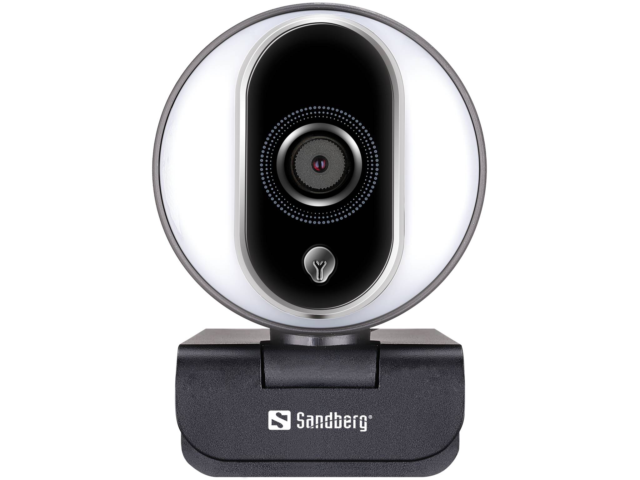 Front-facing Sandberg Webcam mit rundem weißem Gehäuse, zentraler Linse und LED-Ring auf schwarzer Basis.