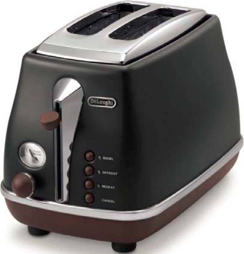 Ein schwarzer und silberner Toaster mit vier Tasten und einem Hebel, versehen mit der Markenbezeichnung 'DeLonghi'.