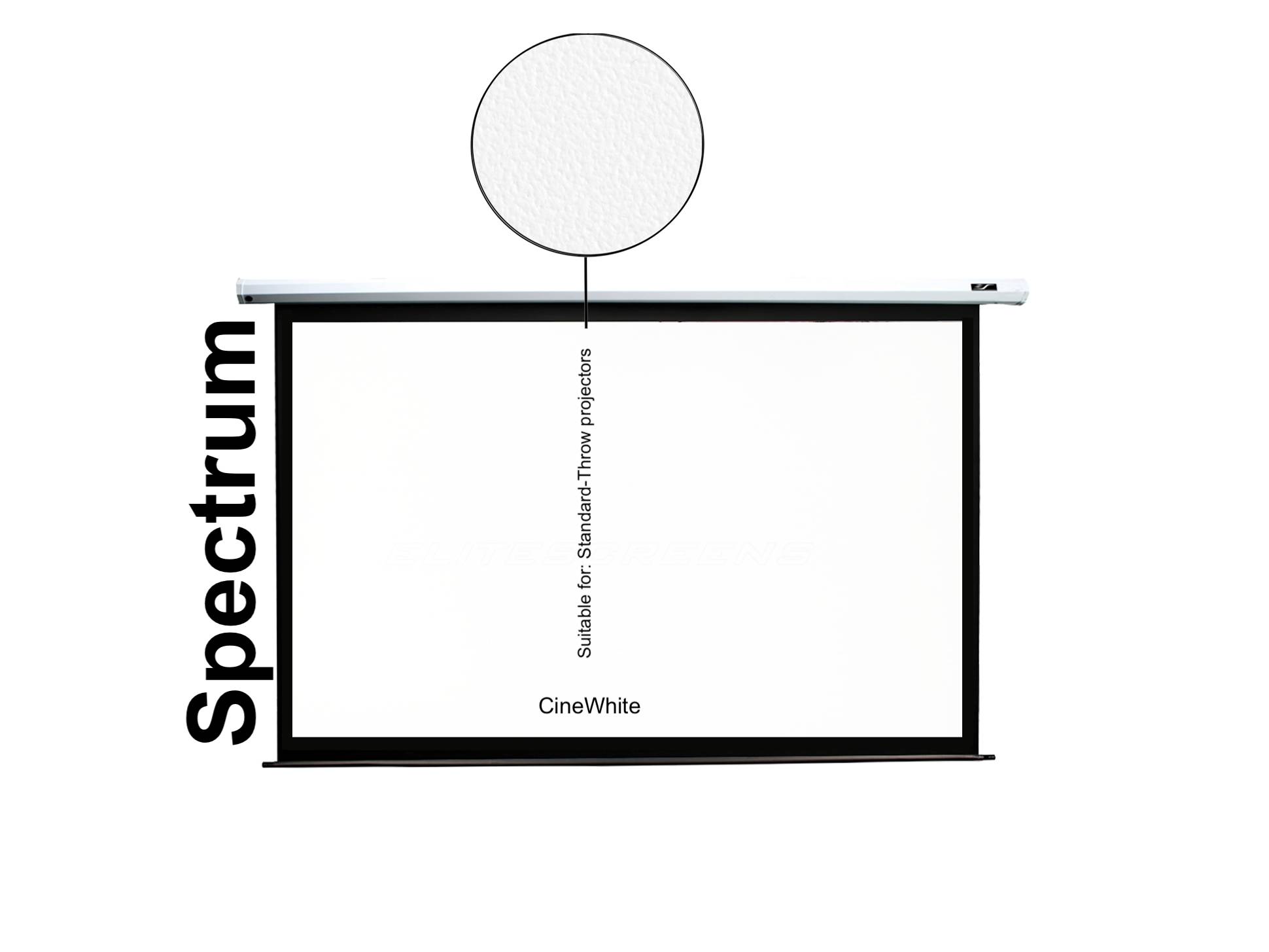 Weiße Projektionsleinwand mit einem hängenden kreisförmigen Panel darüber; auf der Leinwand sind „CineWhite" und „Geeignet für Standardwurfprojektoren"" gedruckt.