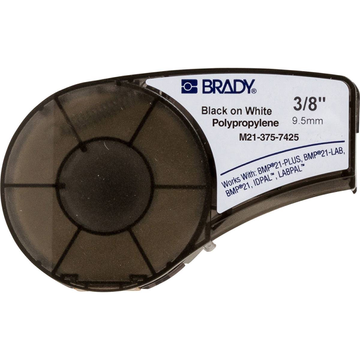 Brady Etikettendrucker-Kassette, schwarz auf weißem Polypropylen, 3/8 Zoll (9,5 mm), Modell M21-375-7425.