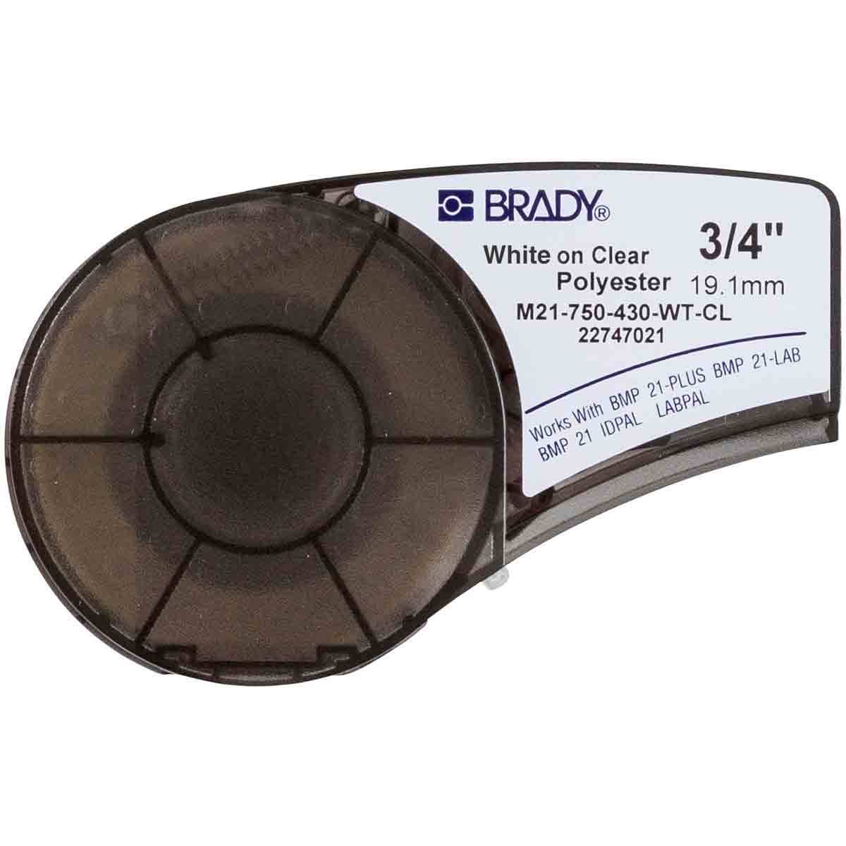 Brady-Etikettenpatrone für 3/4-Zoll-Polyesteretiketten weiß auf transparent.