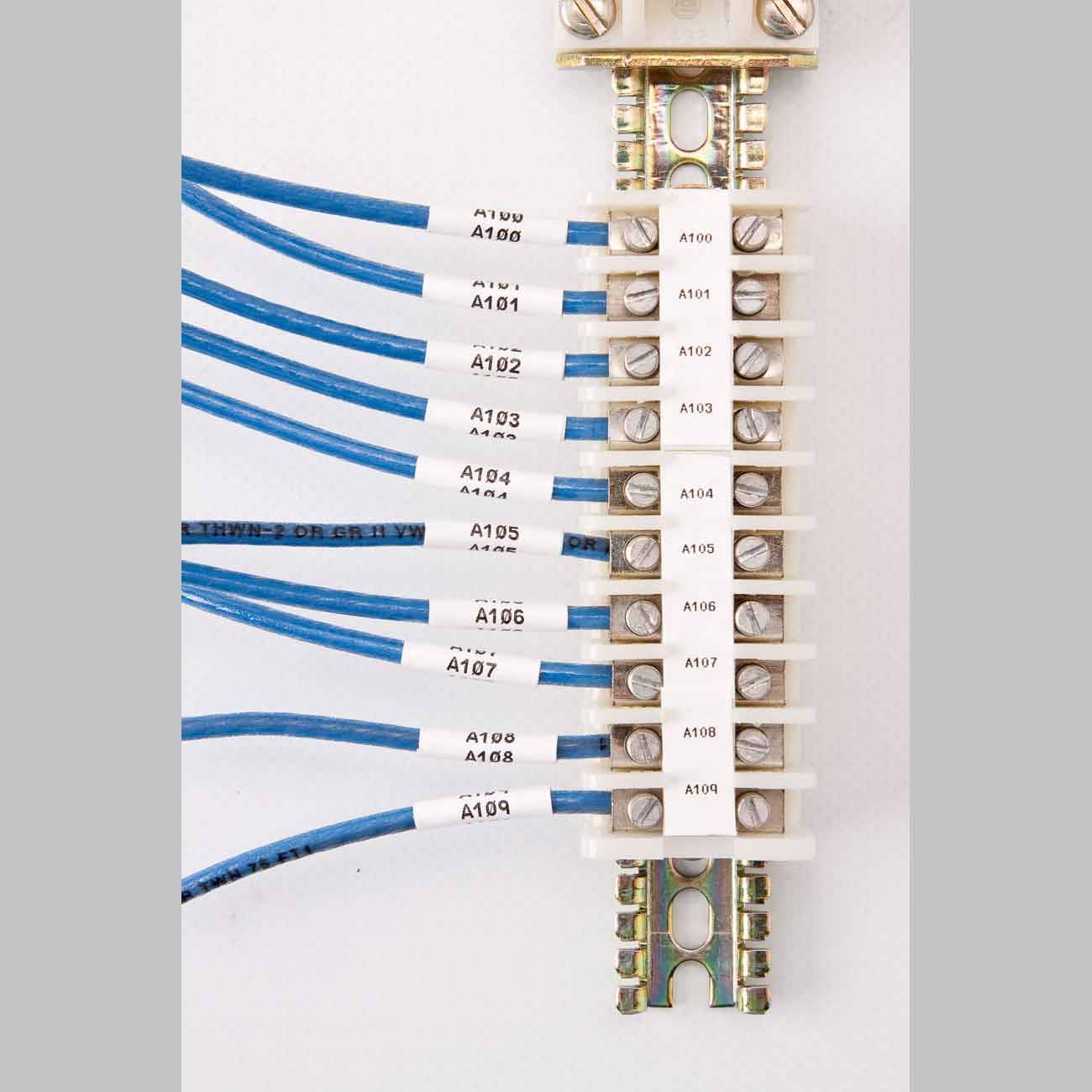 Nahaufnahme von blauen Drähten, die mit einem nummerierten Klemmblock verbunden sind, zeigt eine Elektroverkabelungs-Verbindungstafel.