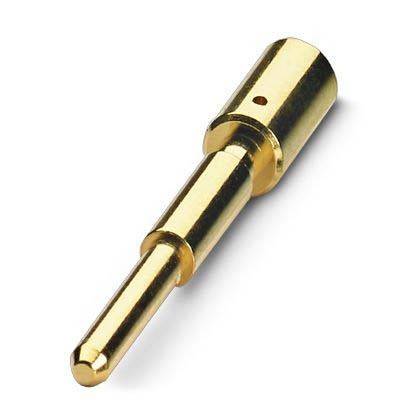 Vergoldeter männlicher elektrischer Verbinderstift, zylindrisch mit einer konischen Spitze, verwendet für sichere elektrische Verbindungen in elektronischen Geräten.