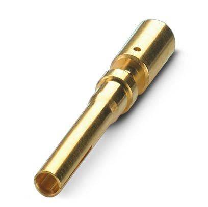 Ein vergoldeter elektrischer Anschlusspin mit glatter zylindrischer Form und einem kleinen Loch nahe dem oberen Ende.