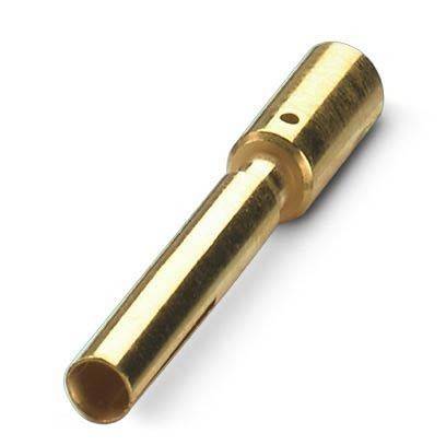 Ein goldfarbener Metallrohrverbinder mit einem kleinen Loch nahe einem Ende, wahrscheinlich für elektrische oder mechanische Verbindungen verwendet.