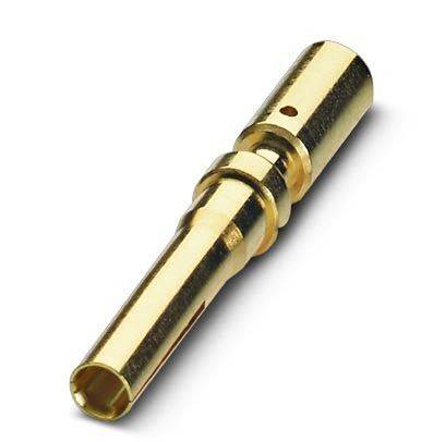 Vergoldeter Metallverbinderstift mit Rillen und einem kleinen Loch nahe einem Ende, verwendet für elektrische Verbindungen.