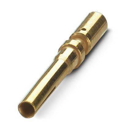 Ein messingfarbener zylindrischer elektrischer Verbinderstift mit glatter Oberfläche und leichten Rillen zum sicheren Einsetzen in eine Buchse.