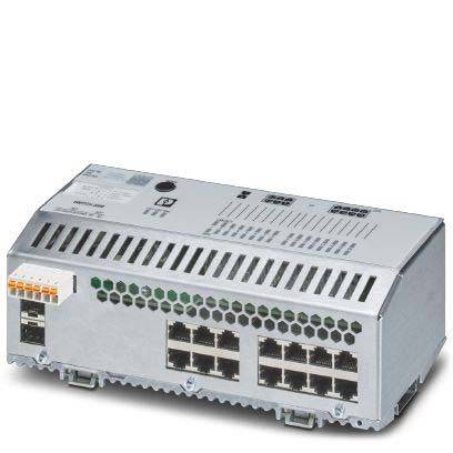 Ein metallisches rechteckiges Industriegerät mit mehreren Ethernet-Anschlüssen und einem beschrifteten Oberpanel, höchstwahrscheinlich ein Netzwerk-Switch oder -Hub.