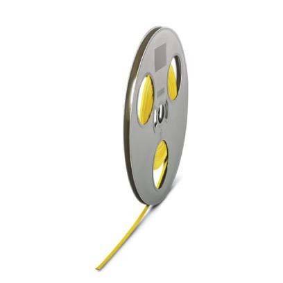 Eine Metalltrommel hält ein aufgewickeltes gelbes Kabel, wobei eine Länge des Kabels nach außen herausragt. Die Trommel verfügt über drei kreisförmige Ausschnitte.