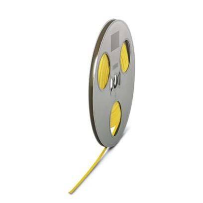 Ein Metallspule mit gelber Filamentwicklung, wobei das lose Ende nach unten hängt. Verwendet für 3D-Druck oder ähnliche Anwendungen.