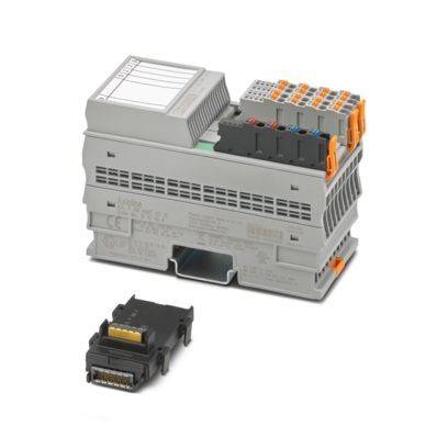 Zwei graue industrielle Sensormodule mit orangefarbenen Steckverbindern, die für elektrische Anwendungen verwendet werden. Ein Modul ist größer und verfügt über mehr Anschlüsse.