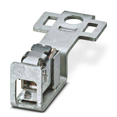 Eine Erdungsanschluss aus Metall mit einer Klemme und einem Schraubenloch, der zum Befestigen von Drähten dient, dargestellt vor einem einfarbigen Hintergrund.