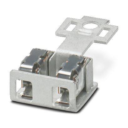 Kleiner Metallhalter für elektrische Sicherungen mit zwei Federklemmen und Befestigungshalter, dargestellt auf weißem Hintergrund.