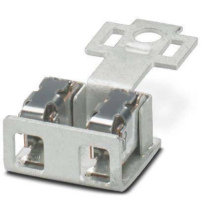 Eine Metallhalterung mit zwei rechteckigen Schlitzen und einem Oberteil mit einem kreisförmigen Loch, wahrscheinlich zum Montieren oder Befestigen von Komponenten verwendet.
