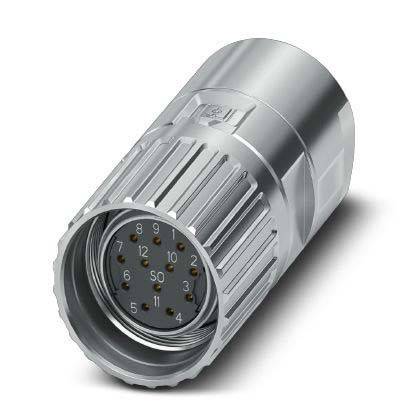 Ein silberner zylindrischer Metallverbinder mit gerilltem Griff und nummerierten Pins im Inneren, konzipiert für elektronische oder industrielle Anwendungen.
