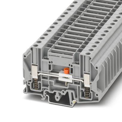 Ein graues industrielles Elektroklemmenbloch mit mehreren Anschlüssen und einem zentralen Verriegelungsmechanismus, das zur Sicherung von Drahtverbindungen verwendet wird.