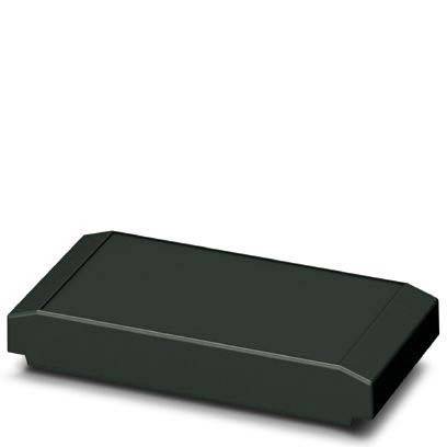 Eine schwarze rechteckige Box mit abgeschrägten Kanten, die einem geschlossenen, harten Gehäuse oder Behälter ähnelt, flach auf weißem Hintergrund liegend.