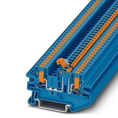 Ein blau-orangefarbener elektrischer Terminalblock mit mehreren Anschlusspunkten, der in industriellen Umgebungen zum Verbinden von Drähten verwendet wird.