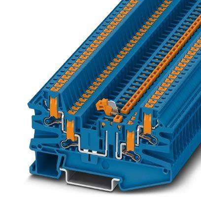 Eine Nahaufnahme eines blauen und orangefarbenen elektrischen Anschlussklemmenblocks, der seine inneren Verbindungen und Struktur zeigt.