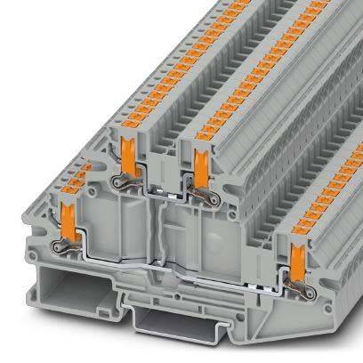 Ein grau-oranger Elektroklemmenblock mit mehreren Anschlusspunkten, entwickelt für sichere Drahtverbindungen in industriellen Umgebungen.