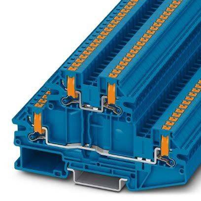 Ein blauer und orangefarbener elektrischer Reihenklemmenblock mit mehreren Anschlusspunkten, der zum Organisieren und Verbinden von elektrischen Kabeln verwendet wird.