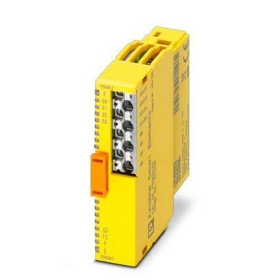 Ein gelbes industrielles Sicherheitsrelaismodul mit Anschlussklemmen und kompaktem Design zur Steuerung von Maschinen und Gewährleistung der Betriebssicherheit.