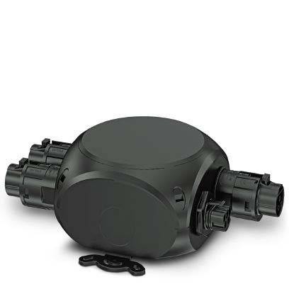 Eine schwarze, kreisförmige elektrische Verteilerdose mit mehreren Eintrittspunkten für Kabel an den Seiten, die üblicherweise für Außenverdrahtungsverbindungen verwendet wird.