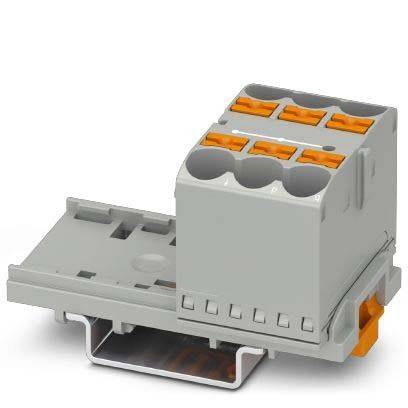 Ein grau-orangefarbener elektrischer Anschlussblock zum Aufbau auf einer Hutschiene, mit mehreren Anschlusspunkten für Verdrahtungen.