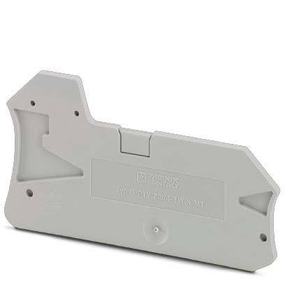 Eine graue Plastik-Elektrokomponente mit dem aufgeprägten Text 'Phoenix Contact' und 'TVD-PTR 2.5-BU P/P', die mehrere Winkel aufweist.